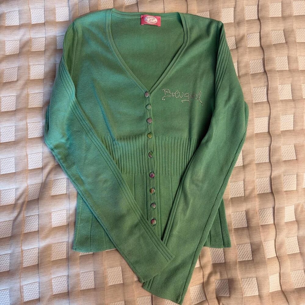 Blumarine Green V-Neck Button Cardigan with Rhinestone Logo